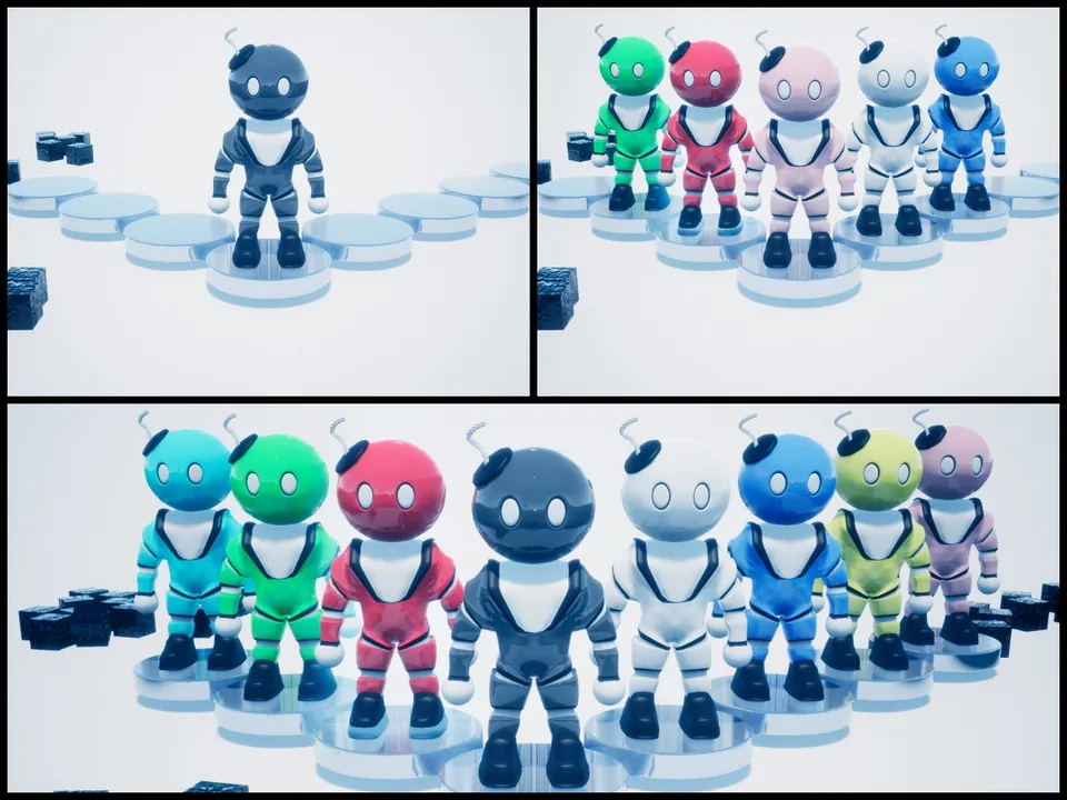 Blastman characters in many colors standing on podiums