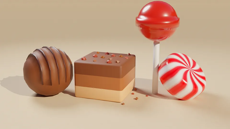Blender models of chocolate, cake, lollipop and peppermint for the Candy Land arena