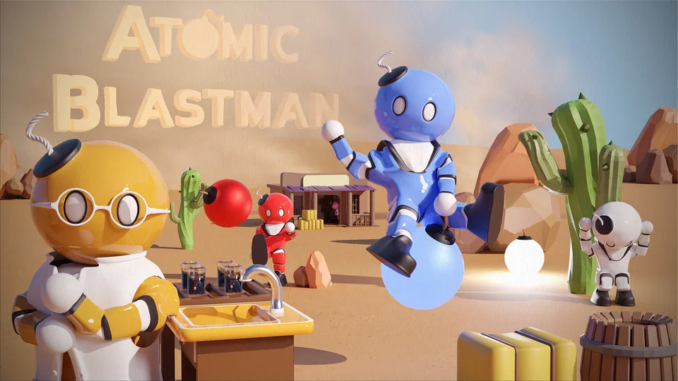 Atomic Blastman key art with Blastman characters in a desert lab