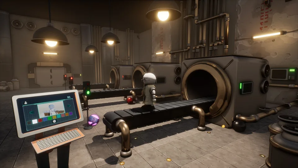 Factory lobby with a Blastman on a conveyor belt waiting to be customized