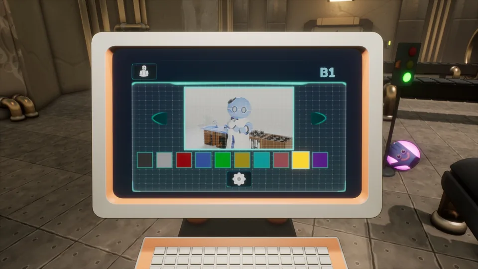 Blastman customization menu on a computer inside the factory lobby
