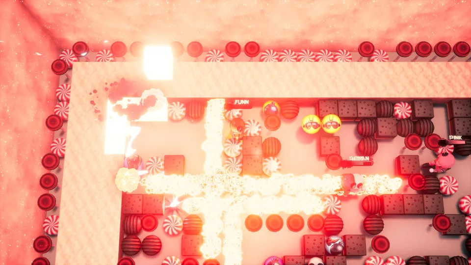 Large cross-shaped bomb explosion lighting up the Candy Land arena