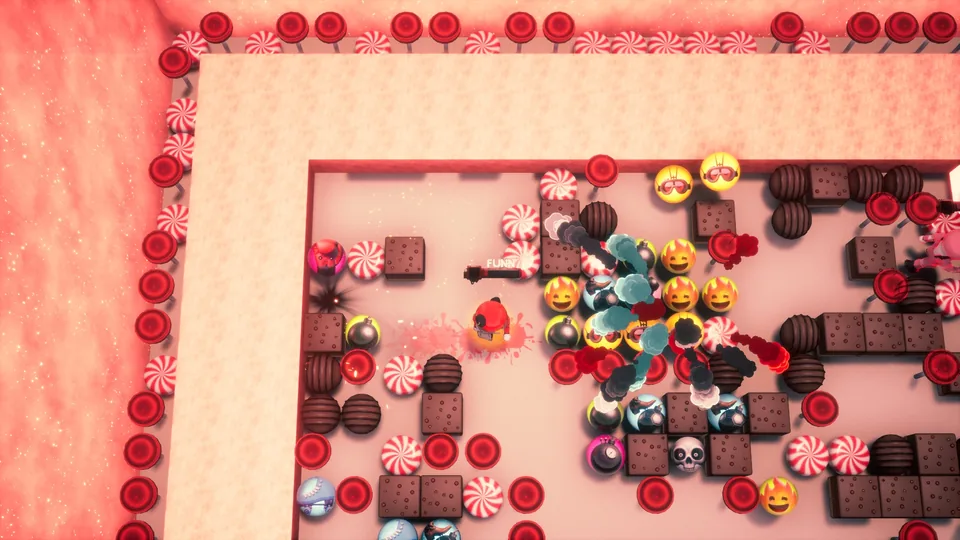 Chaotic bomb blasts among chocolate and peppermint blocks in Candy Land