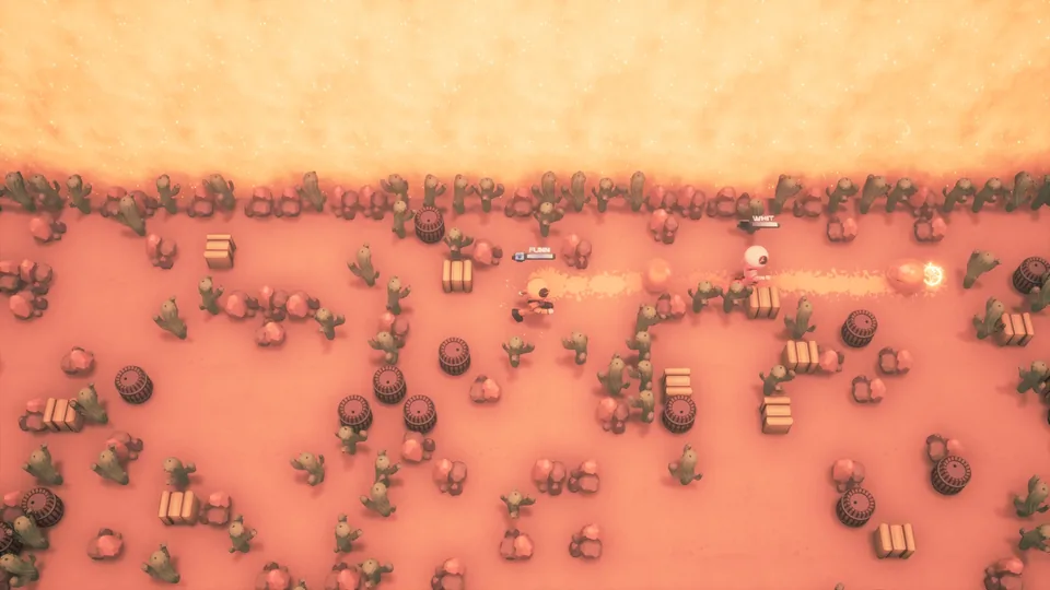 Blastmen trading bomb blasts across the open Wild West arena