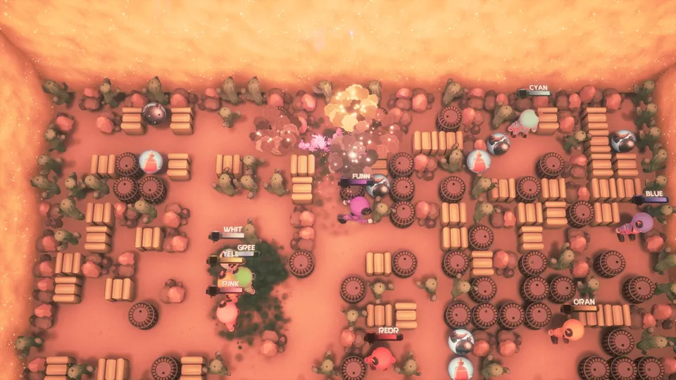 Crowded Wild West arena match with crates, barrels and cacti