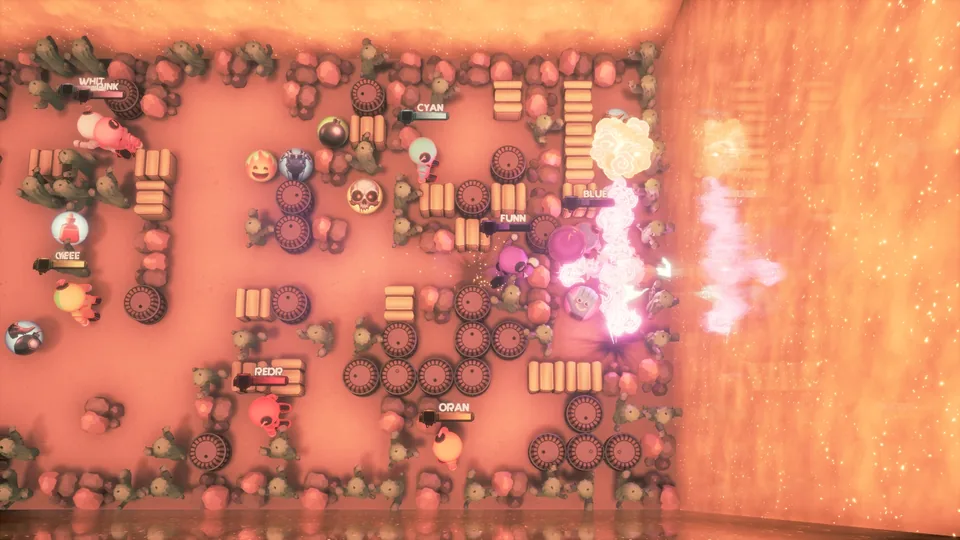 Blastmen fighting through a Wild West maze of crates and barrels