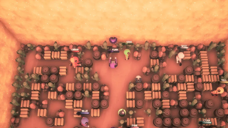 Many Blastmen spread across the Wild West arena full of destructible blocks