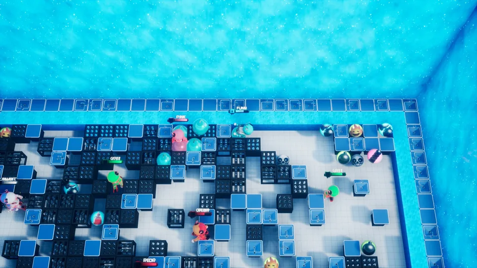 Battle Royale match in the Beta Lab arena with dozens of Blastmen
