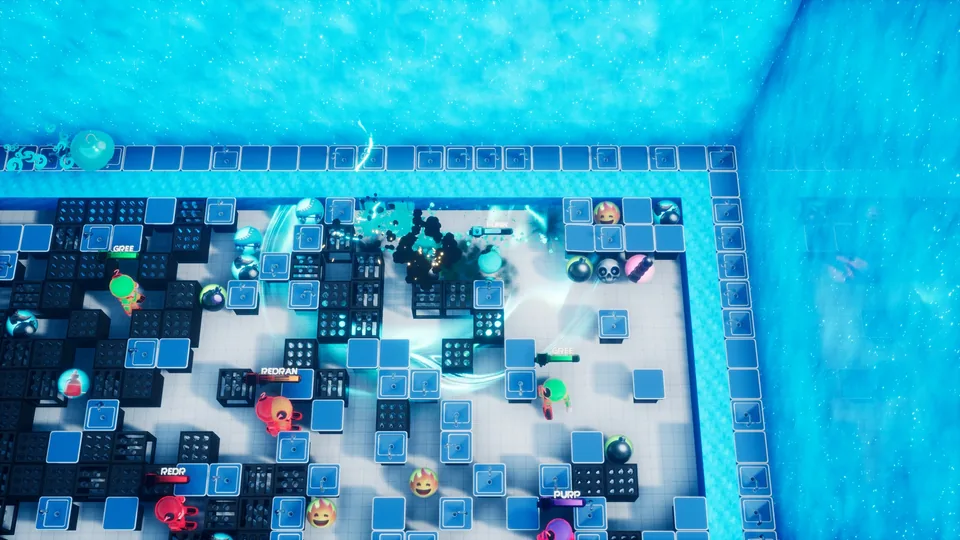 Blue explosion in a crowded Beta Lab arena match