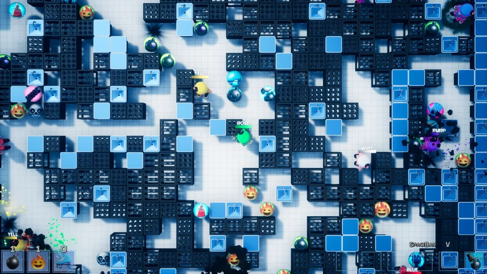 Dense Beta Lab maze of dark metal blocks with the player HUD