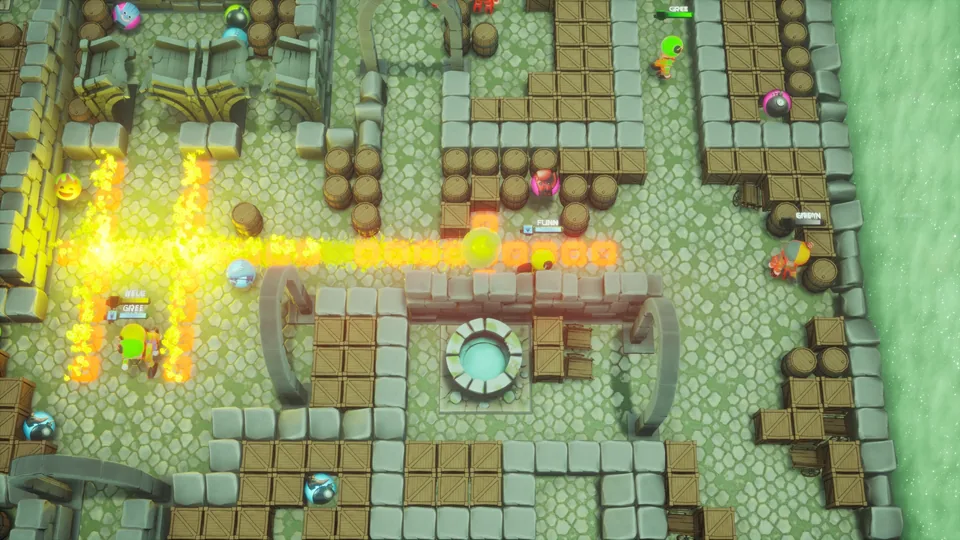 Yellow fire blast along the stone paths of Mossreach Ruins