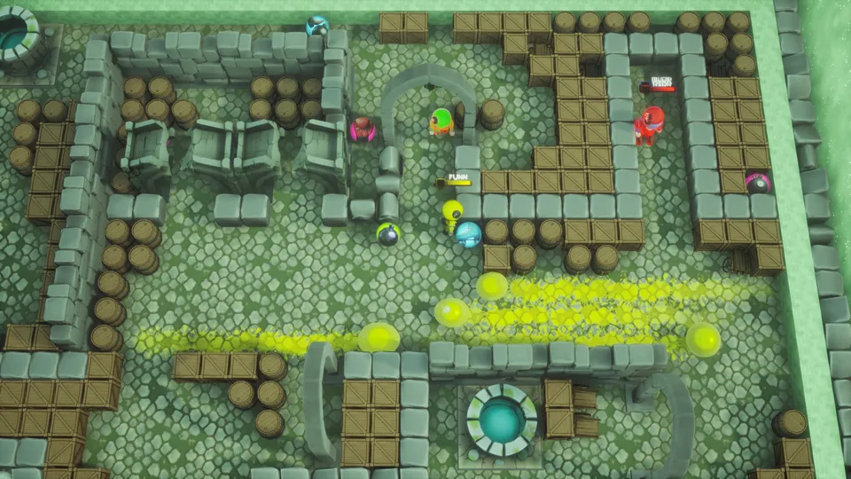 Blastmen dodging yellow bomb blasts in the Mossreach Ruins arena
