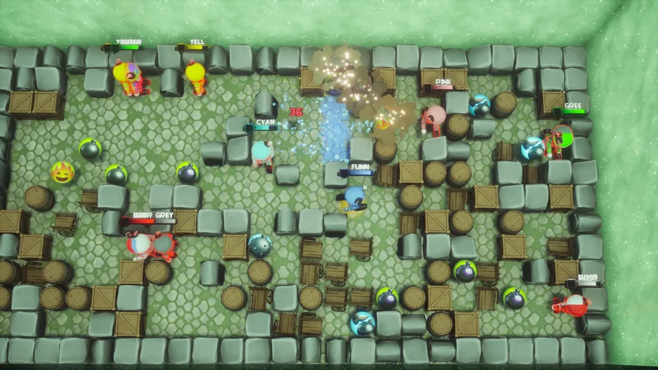 Busy match in the Mossreach Ruins arena with crates and barrels