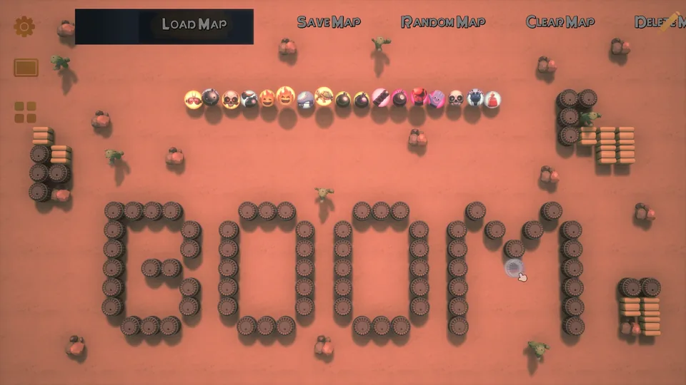 Atomic Blastman map editor with BOOM spelled out in barrels