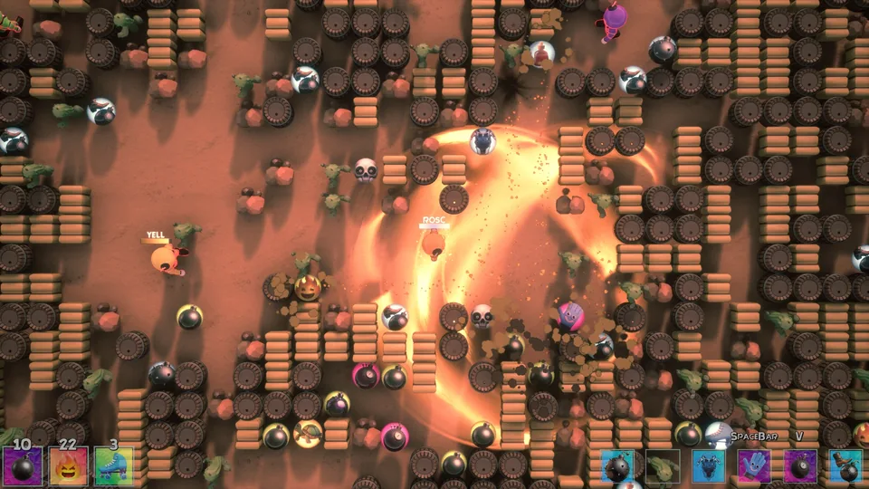 Huge fiery shockwave in the Wild West arena with the power-up HUD