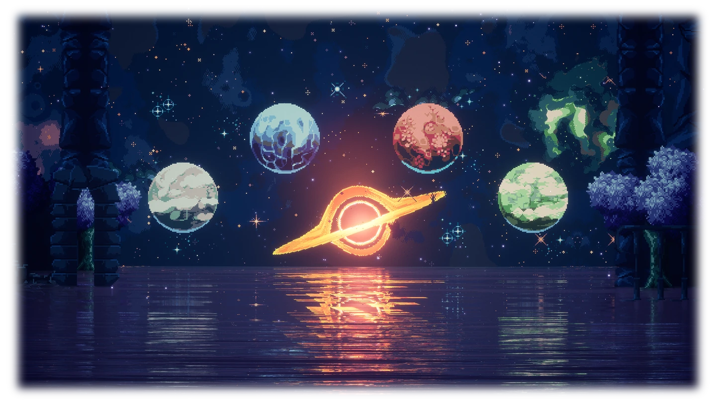 Pixel art night sky with colorful planets reflected in still water