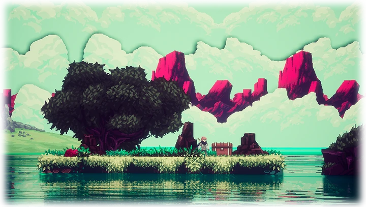 Pixel art island with a large tree and pink mountains above the sea