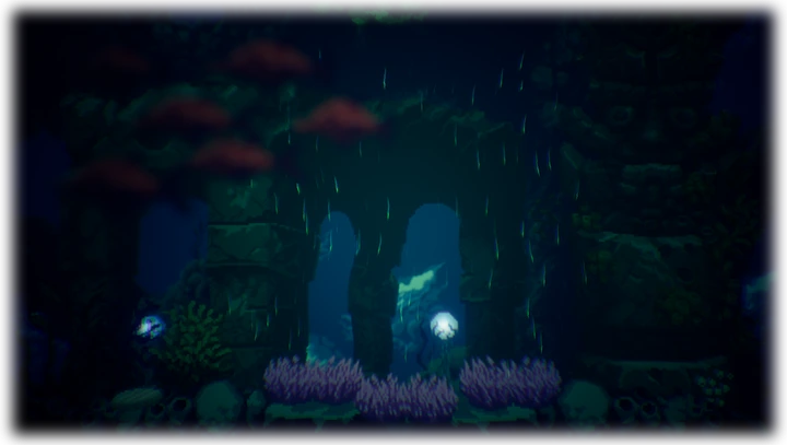 Dark rainy forest ruins with glowing spirits in Shallow Wish