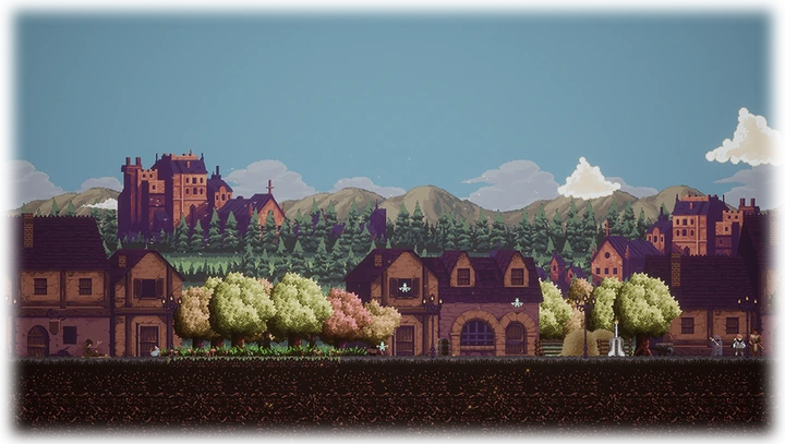 Pixel art town with houses and a castle on the hills