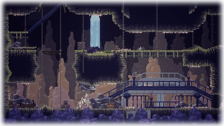 Underground pixel art cave with a waterfall and wooden bridges