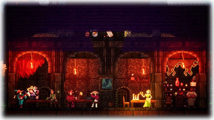 Warm red-lit pixel art tavern full of characters