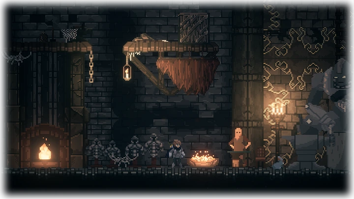Blacksmith's forge in a stone dungeon with armor on display