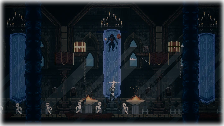 Gothic throne room with blue banners and candle chandeliers
