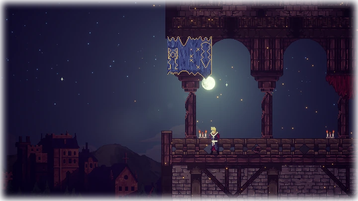 The boy walking on a castle balcony under a full moon