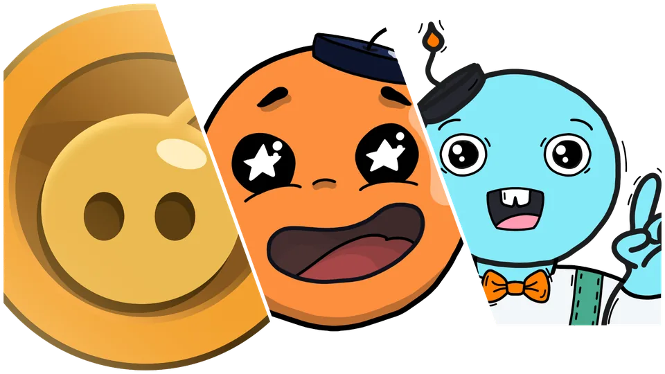 Hand-drawn Atomic Blastman emotes: a Blast Coin, a starry-eyed orange Blastman and a cheering blue Blastman