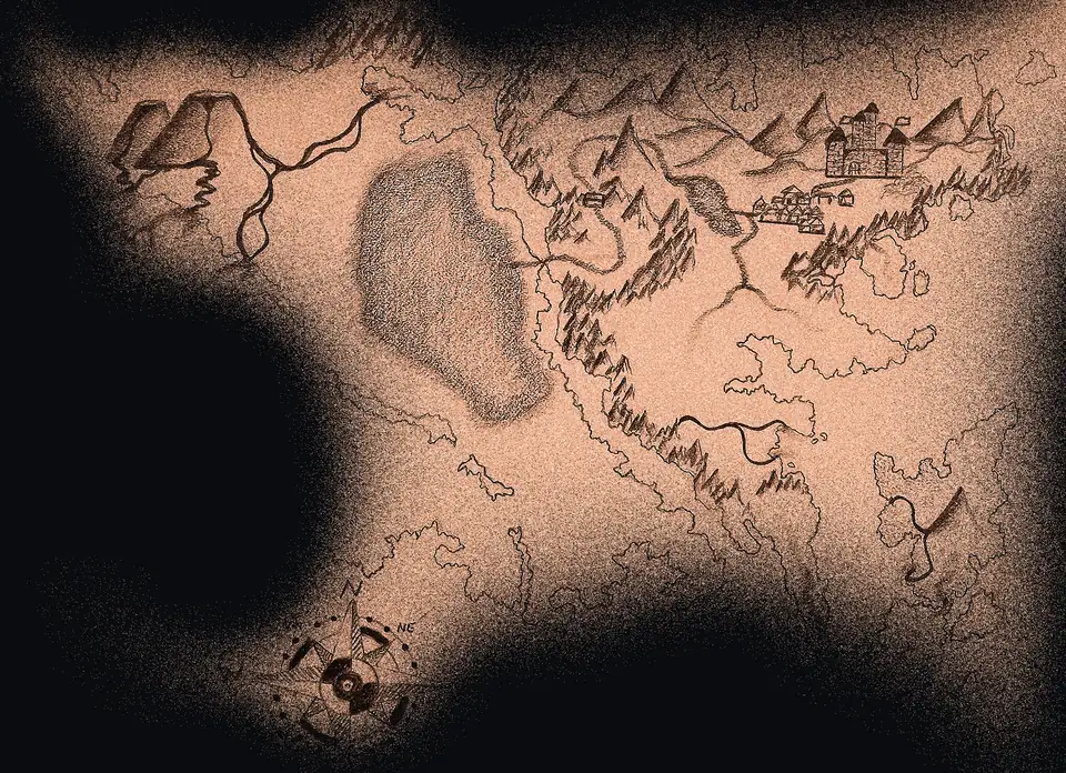 Hand-drawn map of Athrelos, the world of Shallow Wish