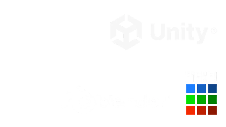 Unreal Engine, Unity, Blender and Piskel logos